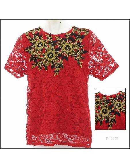 Atasan Brokat Cewek Lengan Pendek Merah GB 3L