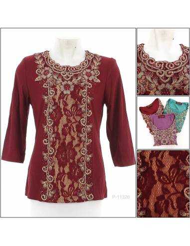 Kaos Korea Cewek Motif Brokat Lengan Pendek 3/4...