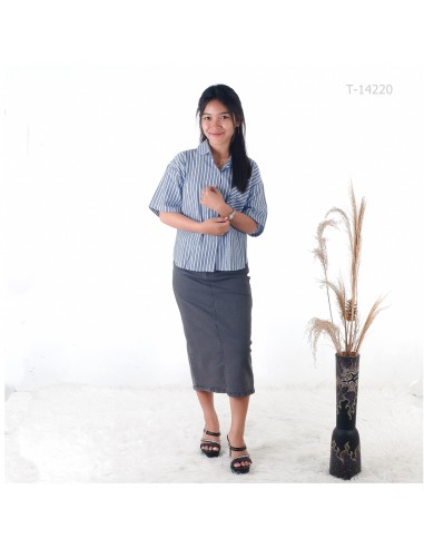 Atasan Cewek Lengan Pendek Motif Salur Saku...