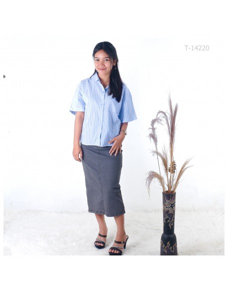 Atasan Cewek Lengan Pendek Motif Salur Saku Samping Azalea All Size